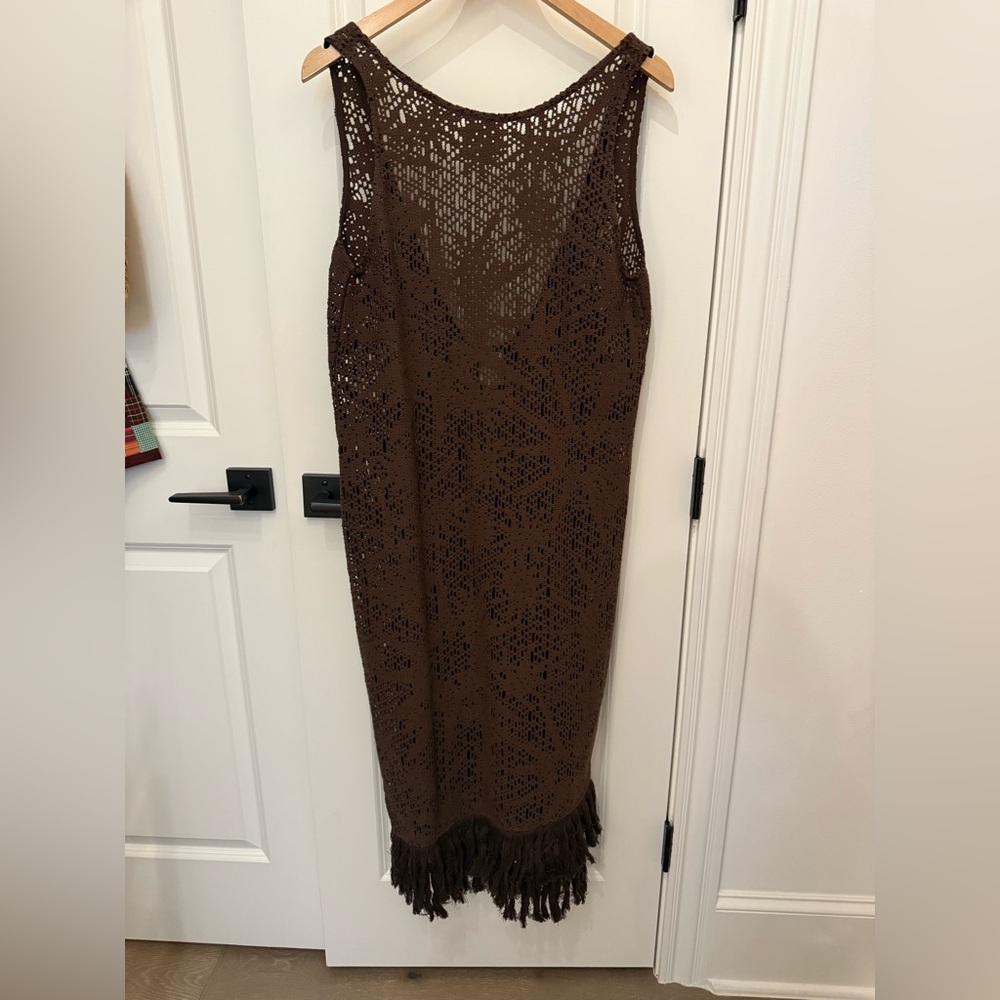 OAS Chocolate Crochet Dress with Fringe